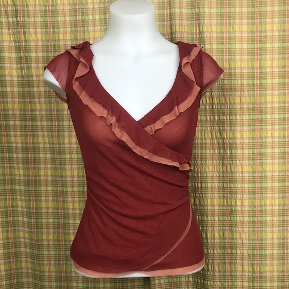 Anthro Maroon Blush Mesh Trim Faux Wrap Top XS - Picture 1 of 5